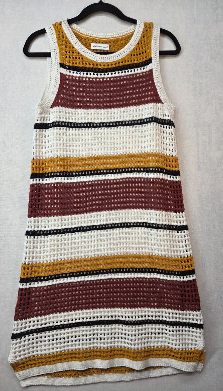 Nine West Crochet Striped Shift Dress Womens Small Cotton, Boho, 70s Style,Retro